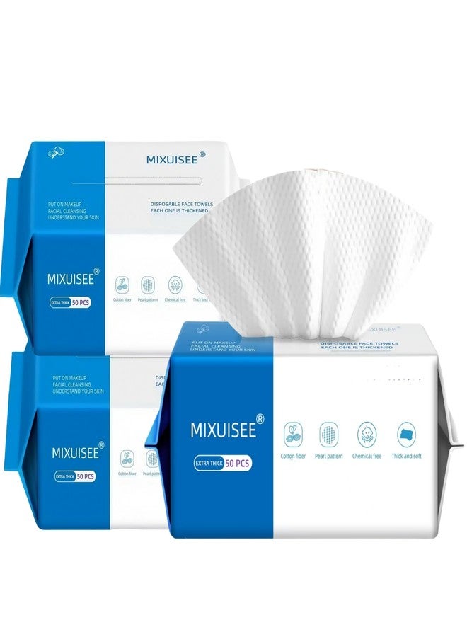 MIXUISEE مناشف وجه للاستخدام مرة واحدة. مناشف وجه سميكة وناعمة من MIXUISEE. مصنوعة من القطن الخالص 100%. مناشف وجه بسماكة 150%. تزيل المكياج وتنظف البشرة. مناسبة للبشرة الحساسة. (عبوة سميكة للغاية، 150 قطعة) - Image 1